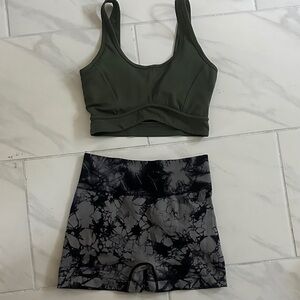 Olive Green Sports Bra and Black Tie-Dye Shorts Set